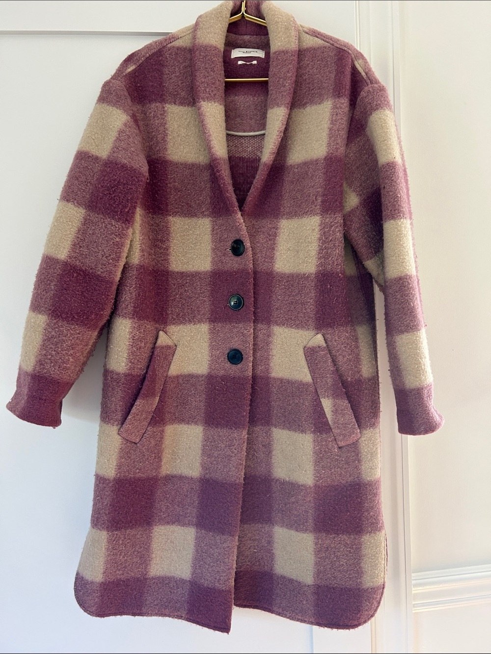 Isabel Marant ETOILE Plaid Shawl-Collar Wool Blend Coat in Mauve & Cream